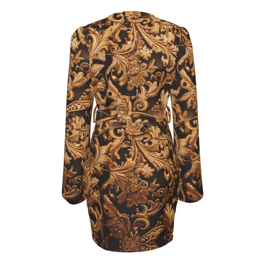 All-Over Print Women's Long Sleeve Dress With Waist Belt