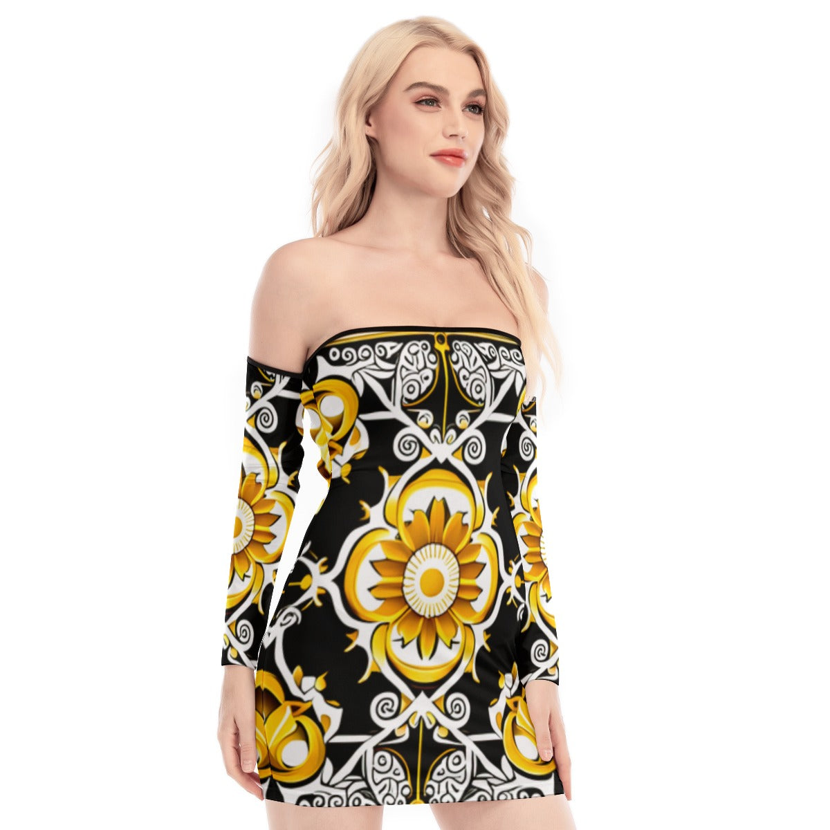 All-Over Print Women's Off-shoulder Back Lace-up Dress