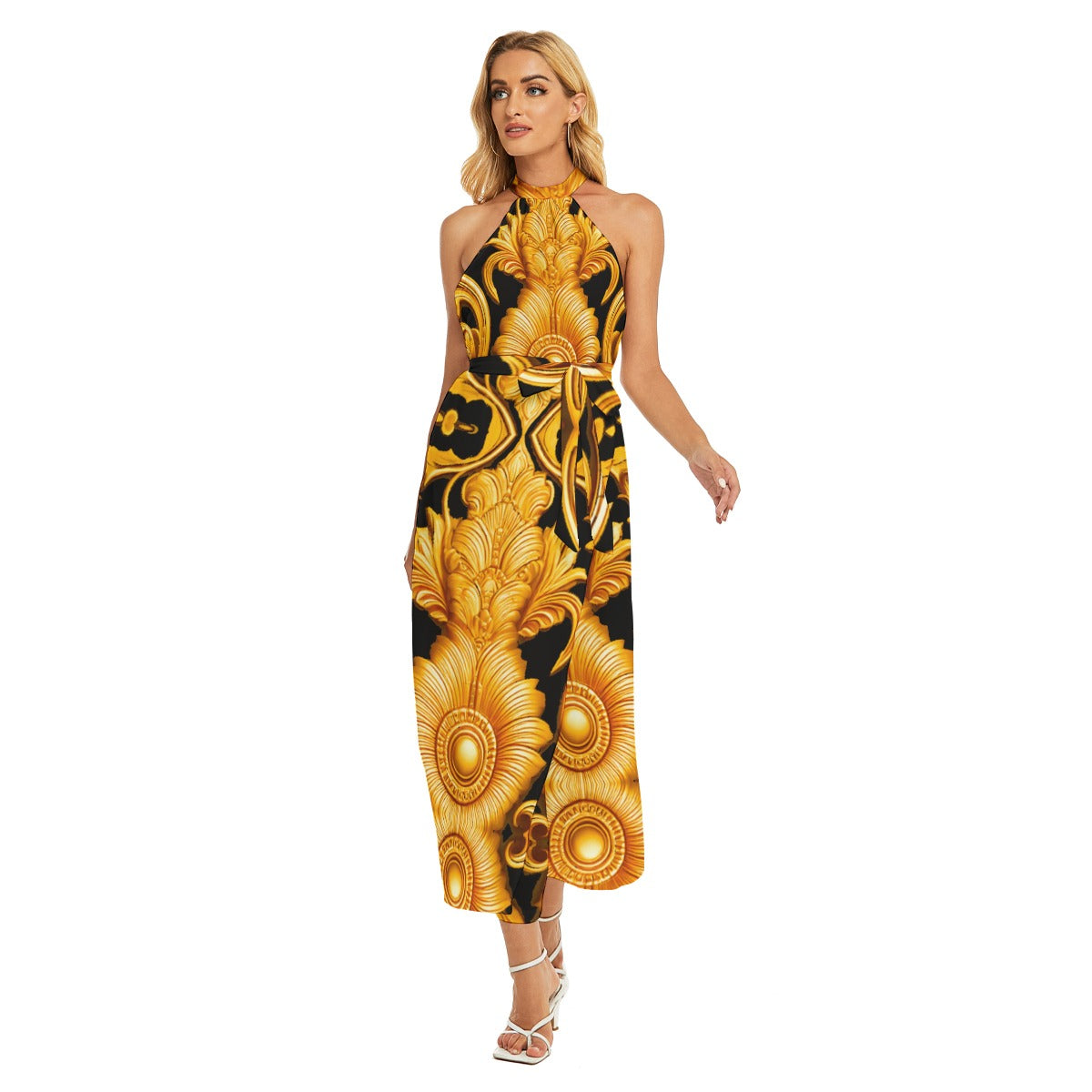 All-Over Print Women's Wrap Hem Belted Halter Dress