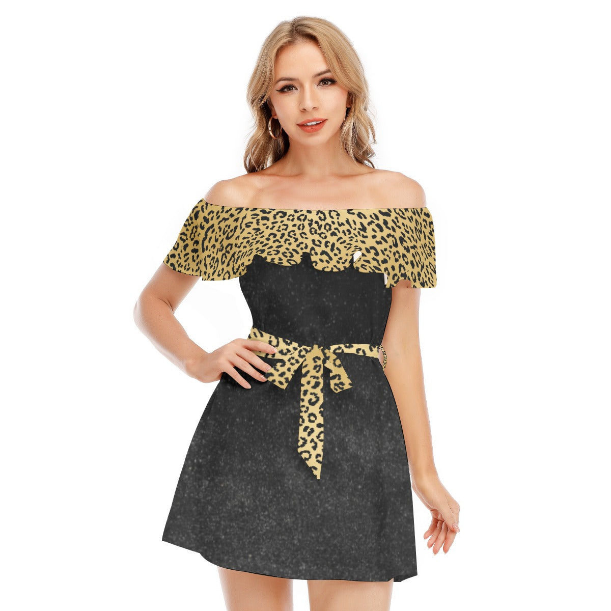 All-Over Print Women's Off-shoulder Dress With Ruffle
