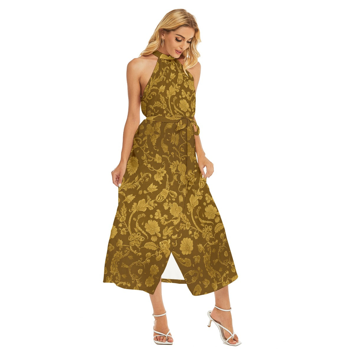 All-Over Print Women's Wrap Hem Belted Halter Dress