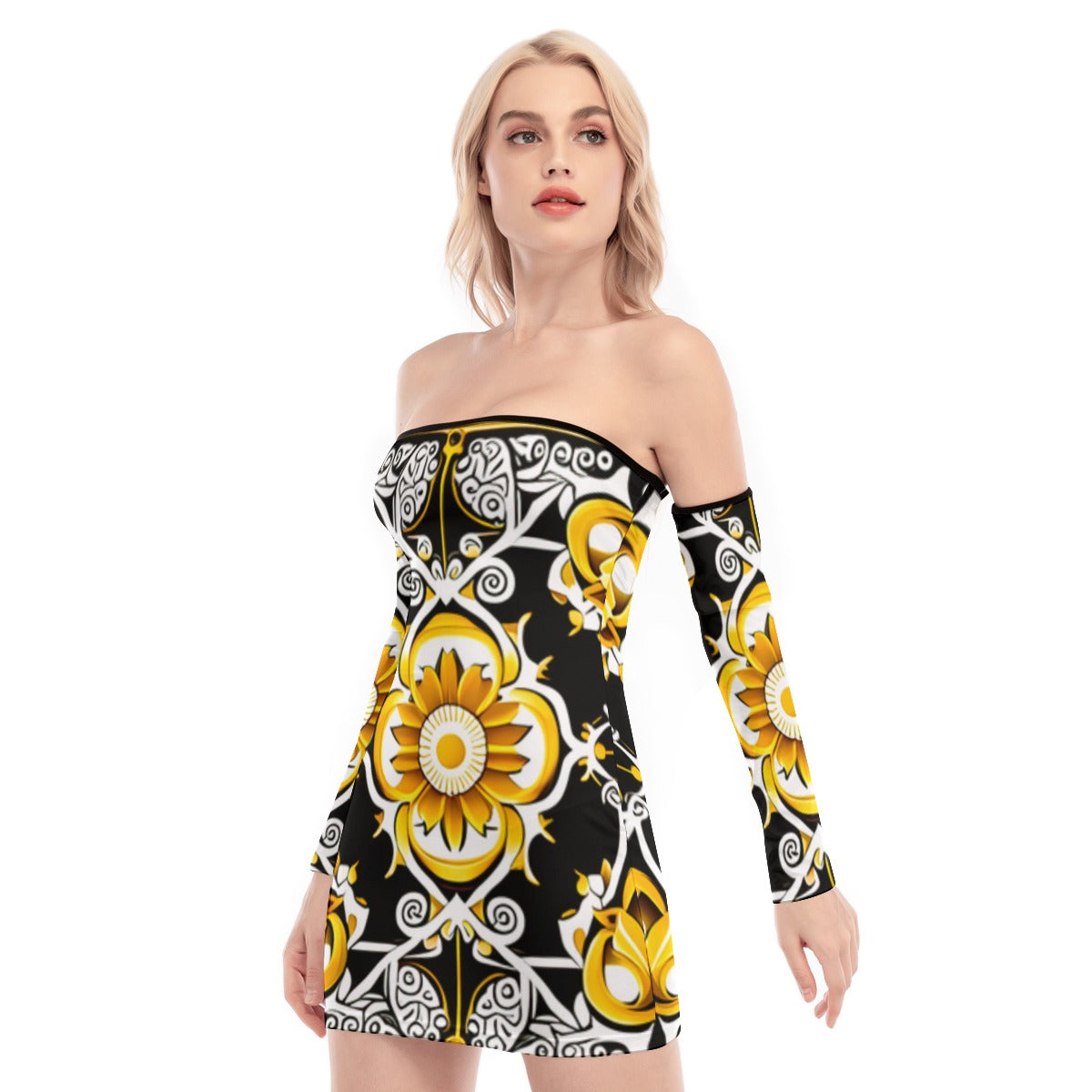All-Over Print Women's Off-shoulder Back Lace-up Dress