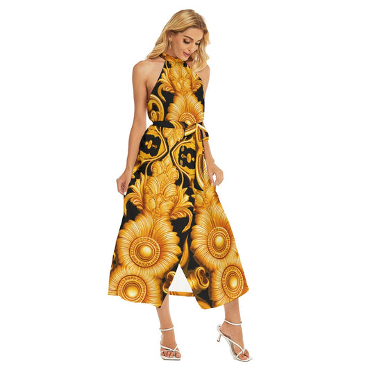 All-Over Print Women's Wrap Hem Belted Halter Dress