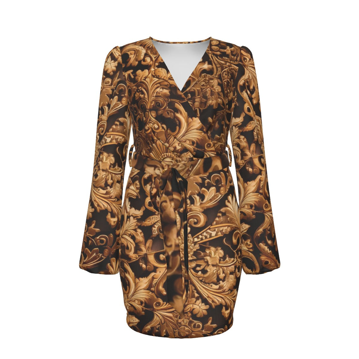 All-Over Print Women's Long Sleeve Dress With Waist Belt