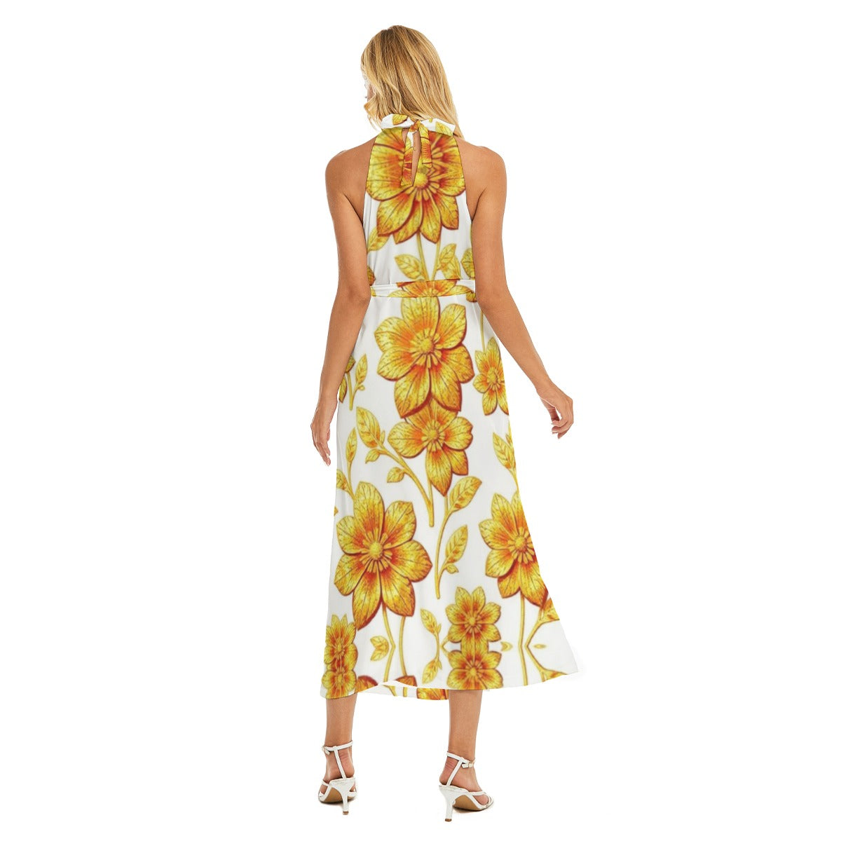 All-Over Print Women's Wrap Hem Belted Halter Dress