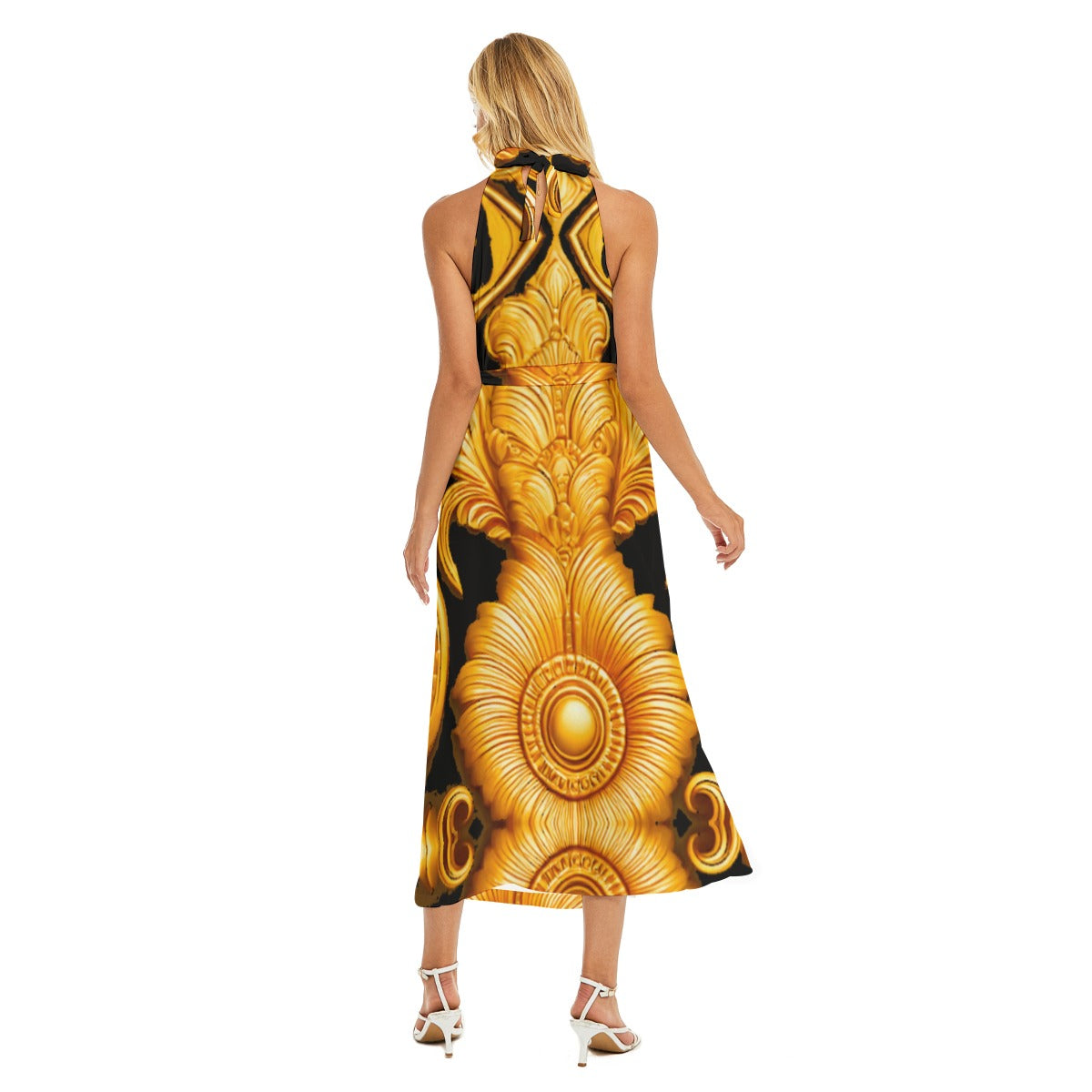 All-Over Print Women's Wrap Hem Belted Halter Dress
