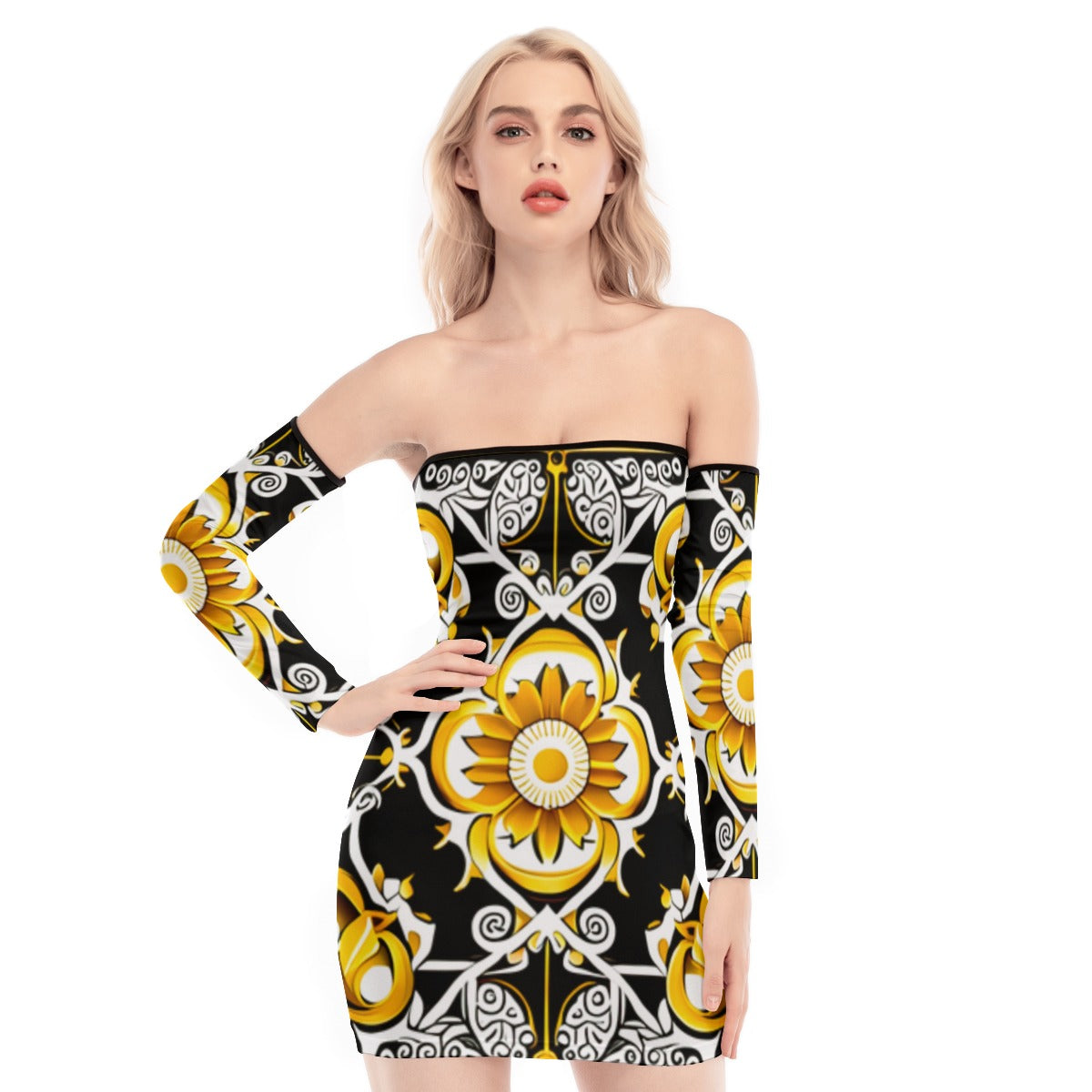 All-Over Print Women's Off-shoulder Back Lace-up Dress