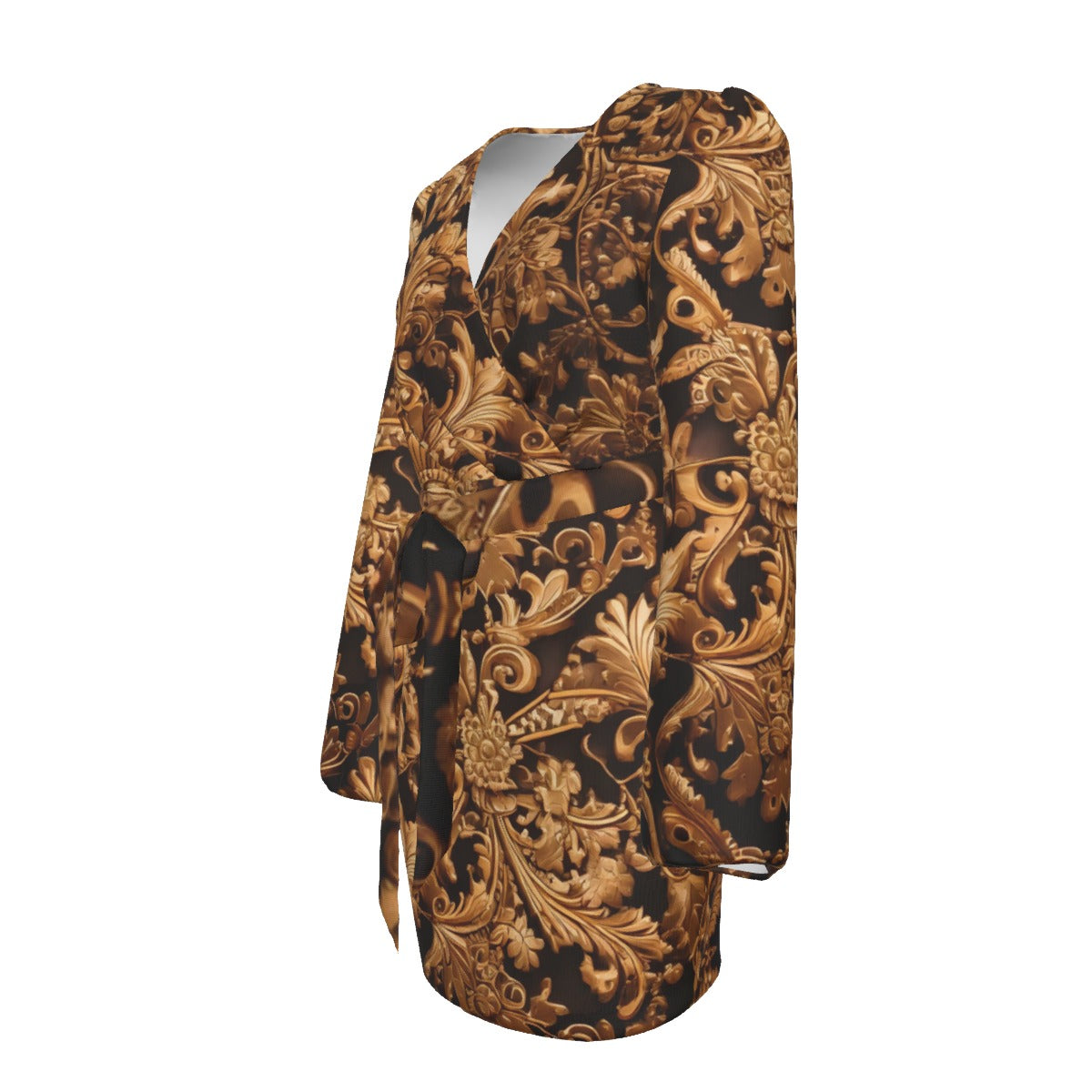 All-Over Print Women's Long Sleeve Dress With Waist Belt